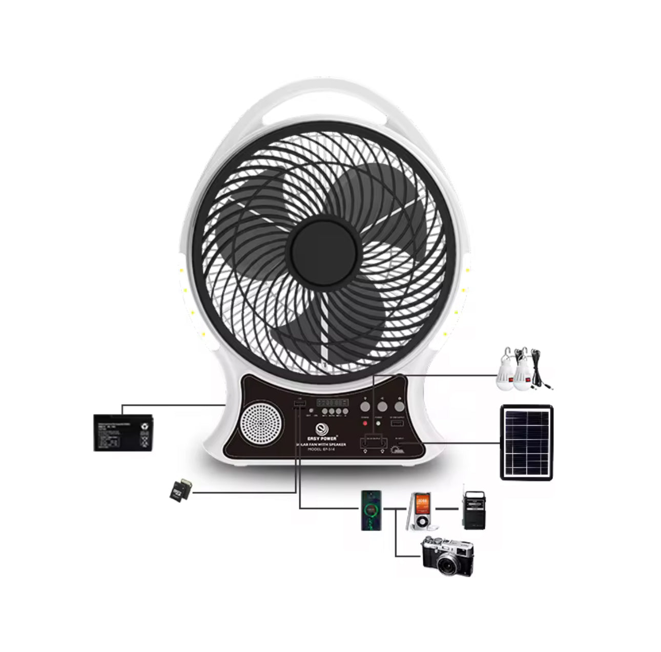 Abanico Solar Recargable con Bluetooth y FM