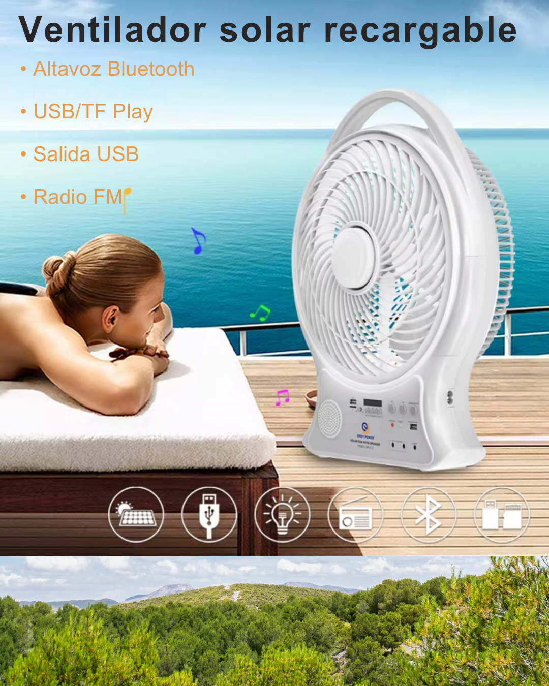Abanico Solar Recargable con Bluetooth y FM