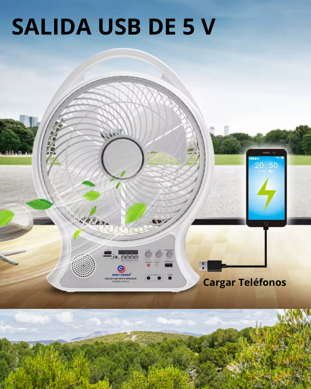 Abanico Solar Recargable con Bluetooth y FM