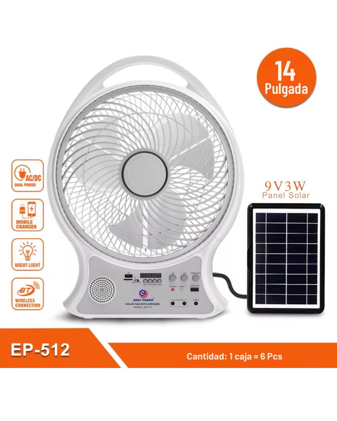 Abanico Solar Recargable con Bluetooth y FM
