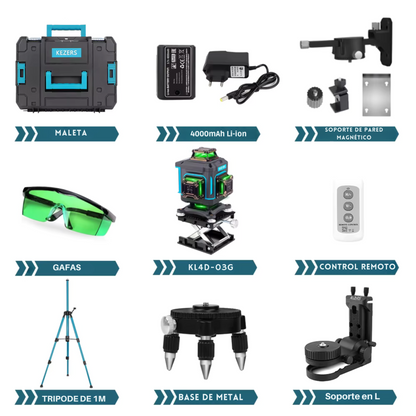 Nivel láser verde con pantalla de 16 líneas, 4D, 360 grados, KL4D-03G, batería de iones de litio de larga duración, trípode, control remoto, maletín