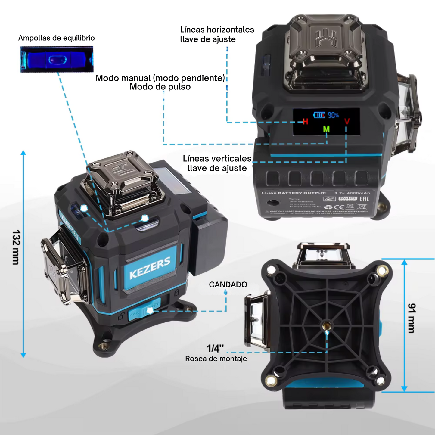 Nivel láser verde con pantalla de 16 líneas, 4D, 360 grados, KL4D-03G, batería de iones de litio de larga duración, trípode, control remoto, maletín